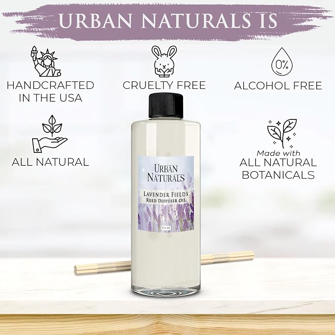 Urban Naturals Reed Diffuser Oil Refill Lavender Fields with Geranium, Clary Sage, Soft Florals 8 oz + Free Reed Sticks, Made in the USA