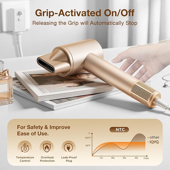 Hair Dryer with Diffuser, Grip-Sensor On/Off High-Speed Blow Dryer for Fast Drying, Ionic Hair Dryer 110000 RPM 1400W 200M for Frizz Reduce, Low Noise Thermo-Control Curly Hair Women Champagne