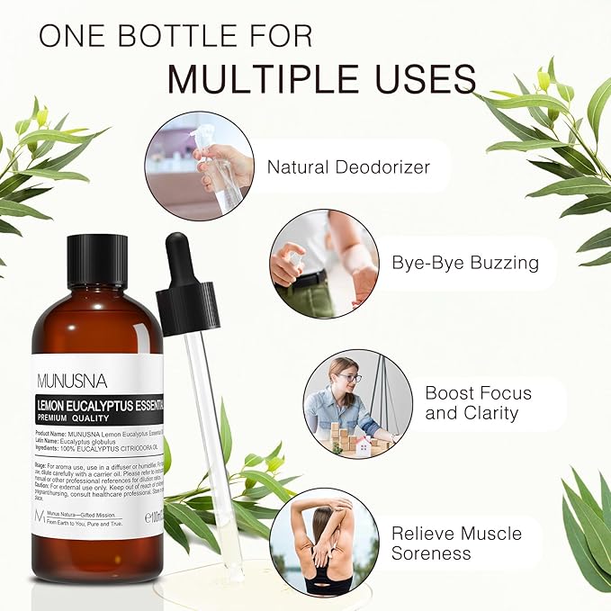 Lemon Eucalyptus Essential Oil 100ML, 100% Pure Lemon Eucalyptus Oil Aromatherapy Oil for Diffuser, Skin Care, Massage, Yoga, Home, Soap and Candle Making