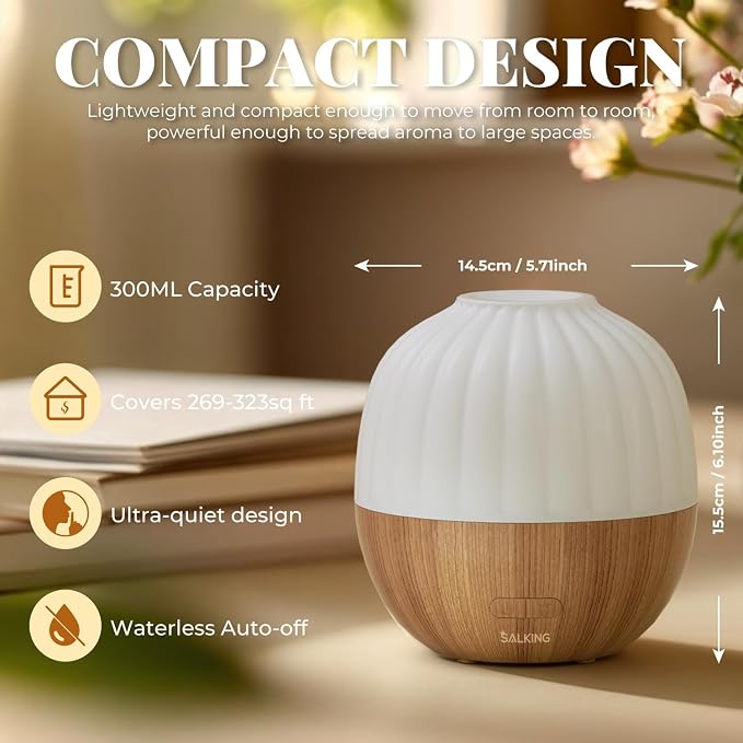 SALKING Essential Oil Diffuser, 300ml Aromatherapy Diffuser for Essential Oils, Ultrasonic Diffuser with Adjustable Mist Mode Timers, Cool Mist Humidifier with 8 Color Lights, for Office Home