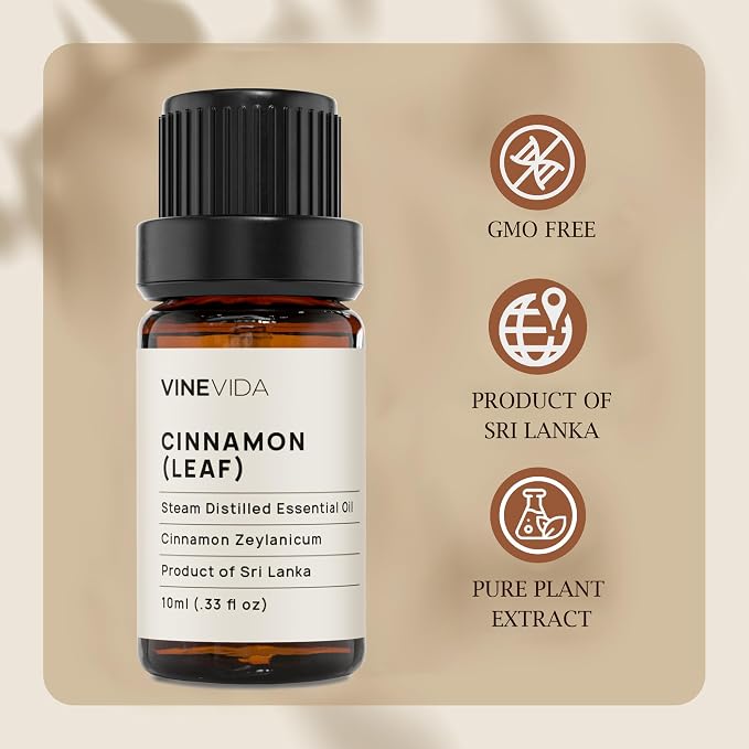 VINEVIDA Cinnamon Leaf Essential Oil 10 mL - Undiluted, Pure, Vegan, Reusable Glass Bottle with Euro Dropper