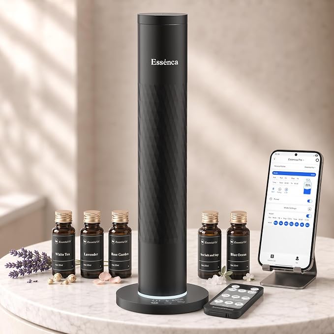 Waterless Scent Diffuser with 5 Essential Oils Starter Kit, Cold Air Diffuser Up to 1000 Sq.ft for Large Room, Home Office, Hotels,Spas, Cordless Scent Machine with App Control, Mood Light