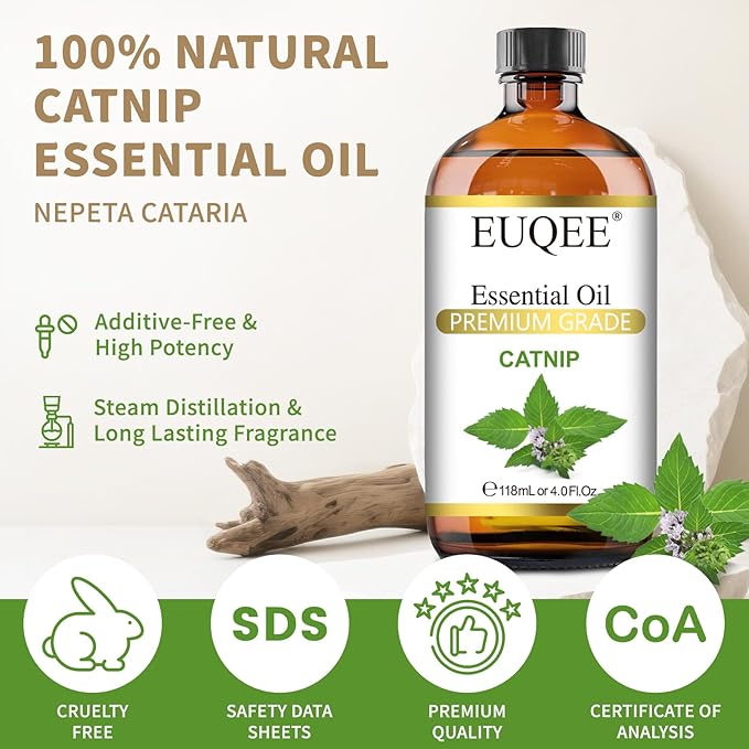 EUQEE 118ML Catnip Essential Oil, Fresh Herbal Aroma Catnip Essential Oil with Glass Dropper Great for Air Refresher, Massage, Diffuser, DIY Soap, Candle Making, Aromatherapy, Sleep