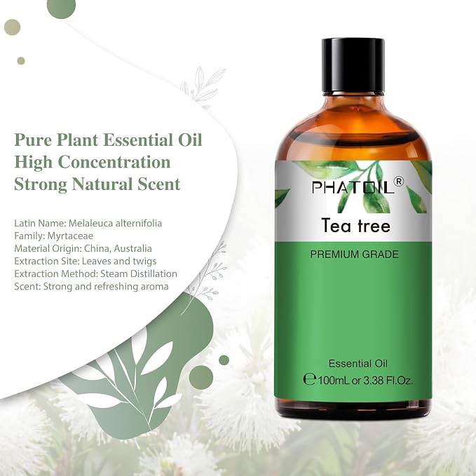 Tea Tree 3.38fl.oz Essential Oil, PHATOIL Pure Aromatherapy Oils for Diffuser, Humidifier, Perfect for DIY Soap, Candle, Bath Bombs Making(100ml)