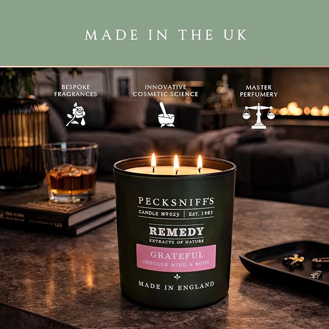 Pecksniff’s Aromatherapy Grateful Candle 3 Wick 19.4 oz/550 g, Honey Aloe Fragrance, Long Lasting Luxury Glass Candle for Relaxation, Home and Gifts