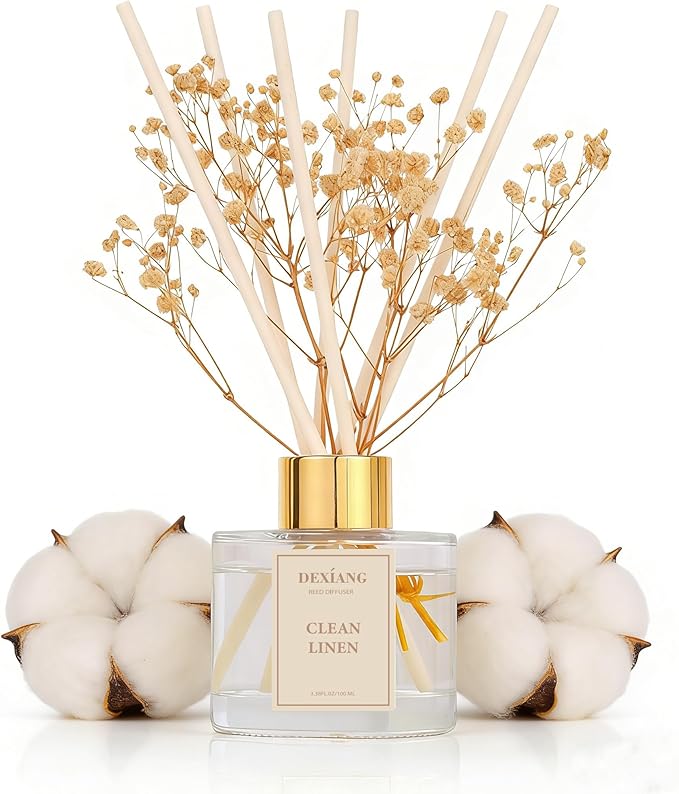 Reed Diffuser Set - 3.38 fl Oz Clean Linen Scent Aromatherapy Oil with Preserved Baby's Breath & Cotton Sticks | Home Fragrance for Bedroom, Bathroom, Living Room | Gift Ready Decor