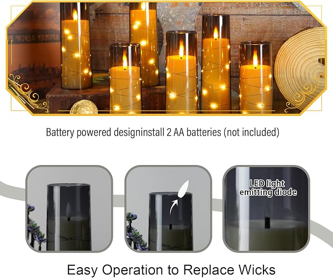 Eebuss Flameless Candles with Embedded Star String, Battery Operated LED Pillar Candles with Timer and Remote Control,Home Decorating for Ambiance， Set of 7(Grey)