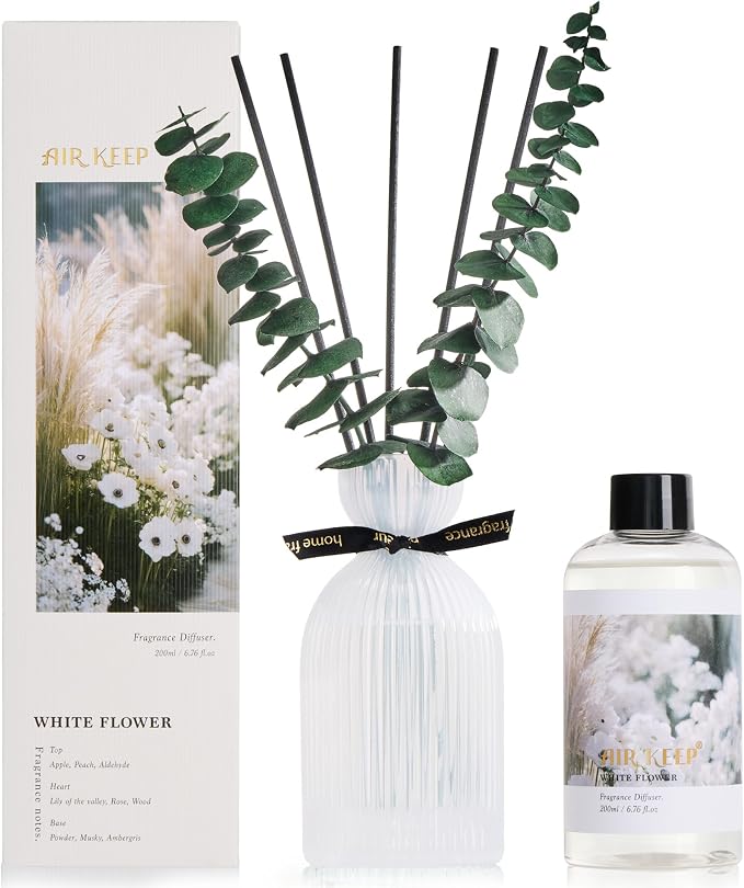 Airkeep Reed Diffuser Set 6.76 oz – White Flower Decorative Home Fragrance with Eucalyptus Sticks, Ribbed Glass Diffuser for Bathroom & Bedroom Décor, Gift Ready