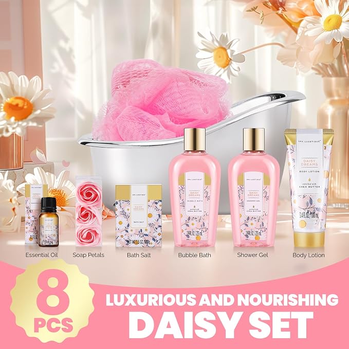 Self Care Gifts for Women, Spa Luxetique 8pcs Daisy Bath and Body Gift Baskets for Her, Bath Set with Bubble Bath, Lotion, Mothers Day Gifts for Mom