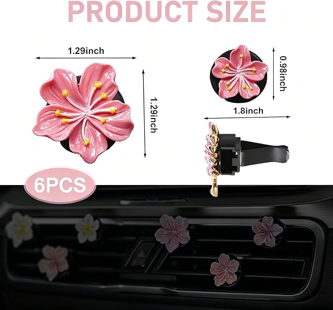 6PCS Cherry Blossom Flower Air Vent Clips, Cute Car Freshener Diffuser for Women Girls, Air Conditioning Outlet Clip for Interior Decor(White,Pink&Red)