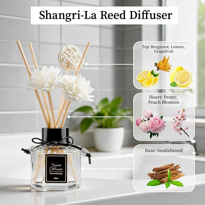 TonJin Reed Diffuser Set of 2 | 1.7 fl oz Natural Home Fragrance with Sticks | Long-Lasting Scented Sticks for Bathroom, Living Room & Bedroom | Non-Toxic Essential Oil Air Freshener Shangri-La