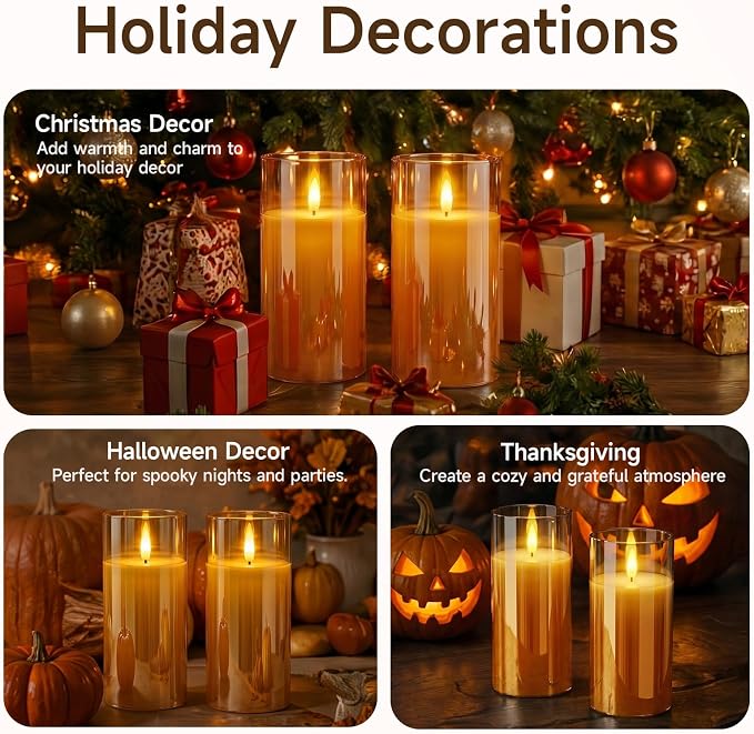 Homemory Amber Glass Flameless Candles Battery Operated LED Pillar Candles with Remote and Timer, Real Wax Flickering Candles with 3D Wick, Decorative Candles Home, Wedding, Holiday Decor, Set of 2