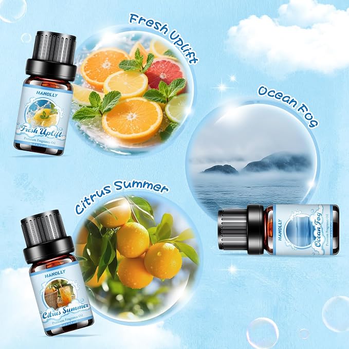 Essentials Oils for Laundry, Clean Fragrance Oils for Diffuser, Candle & Soap Making, Use with Wool Dryer Balls,Fresh Uplift,Citrus Summer, Ocean Fog, Falls Fresh, Santal & Vetiver, Blossoms & Berry