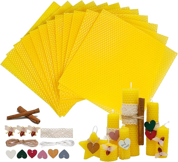 Bingfuego Beeswax Candle Making Kit for Beginners-12 Beeswax Sheets for Candle Making Rolling Kits, Natural Candle Making Kit (Natural Yellow Colors, 8 x 8 inch)