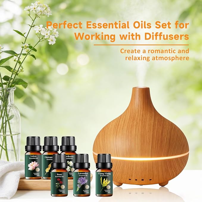 Floral Essential Oils Set 12x10ml, Pure Rose Jasmine Lavender Ylang Ylang Gardenia Freesia Osmanthus Lily Lotus Magnolia Geranium Clove – Aromatherapy for Diffuser, Skin, Hair, Candle & Soap Making