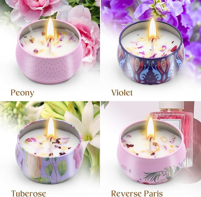 Scented Candles Gift Set for Women 4 Pack Soy Wax Candles with Dried Flowers Reusable Tin Aromatherapy Relaxation Gift for Birthday Mothers Day Valentines Day