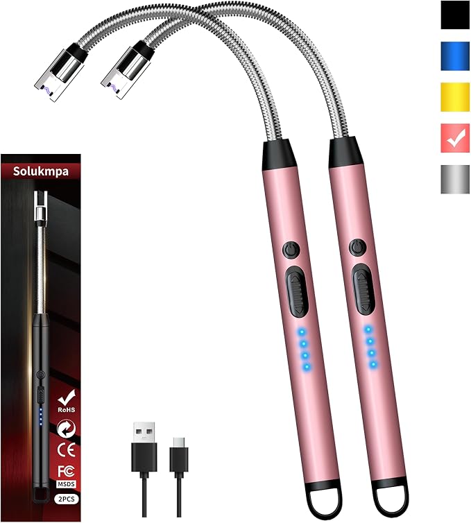 2 Pack Rechargeable Type C Electric Lighters, Rosegold | Flameless and Windproof, Plasma Arc, 360° Long Reach Flexible Neck, LED Power Display, For Candles, BBQ Grill & Camping