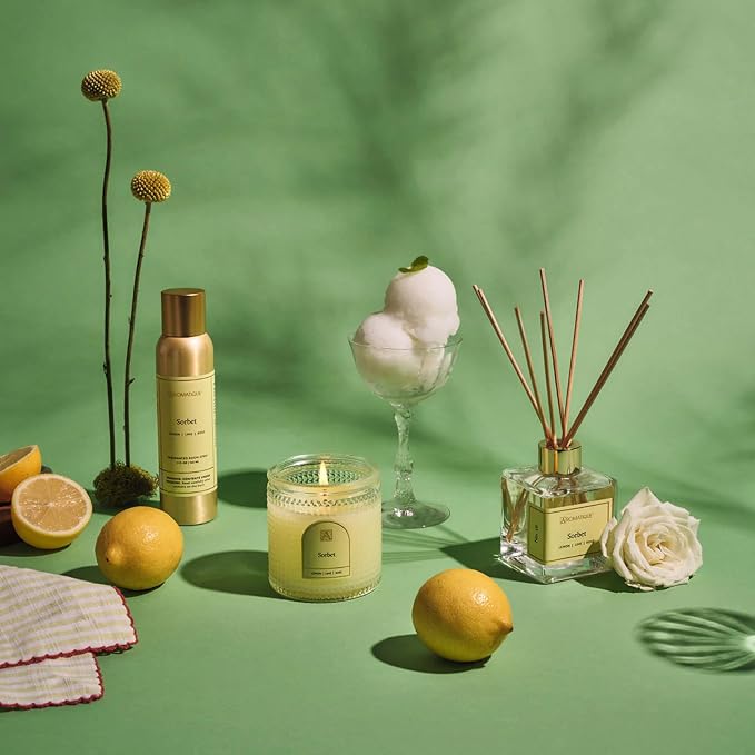 Aromatique Reed Diffuser Set - Sorbet Notes of Lemon, Grapefruit, Lime, Ginger, Musk Aromatherapy Scented Air Freshener Deodorizer Oil Floral Home Fragrance Living Room Home Decor Gifts
