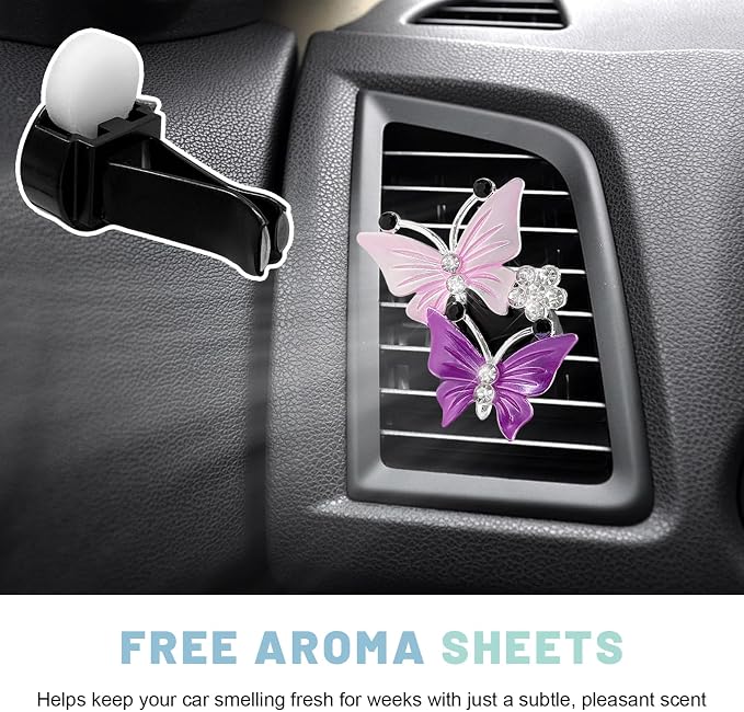 2 PCS Dual Butterfly Diamond Car Air Fresheners, Bling Butterflies Air Conditioning Outlet Clip Fragrance Diffuser, Cute Rhinestone Butterfly Vent Clips for Most Vehicles (Purple)