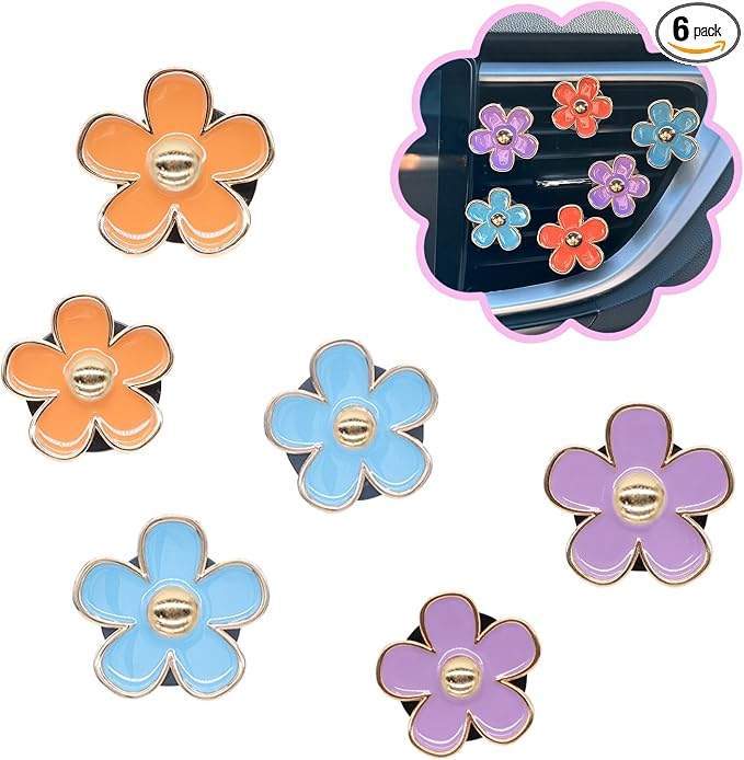 ORIESSE 6pcs Flower Car Air Freshener Vent Clips,Purple Orange Blue Daisy Flowers Air Vent Clip Car Accessories for Women 3.3cm/3cm Flower Girly Vehicle Decor,Refillable Diffuser