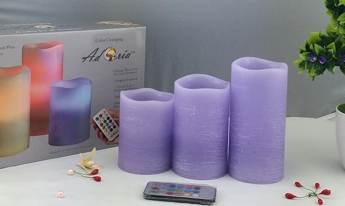 Adoria Purple Flameless Candles Set 3- Real Wax Pillar Candles Battery for Color Changing/Flickering/Night Light/Timer-Lavender Scented -Dia3 xH4/5/6“,Home Decor.Camping,Party
