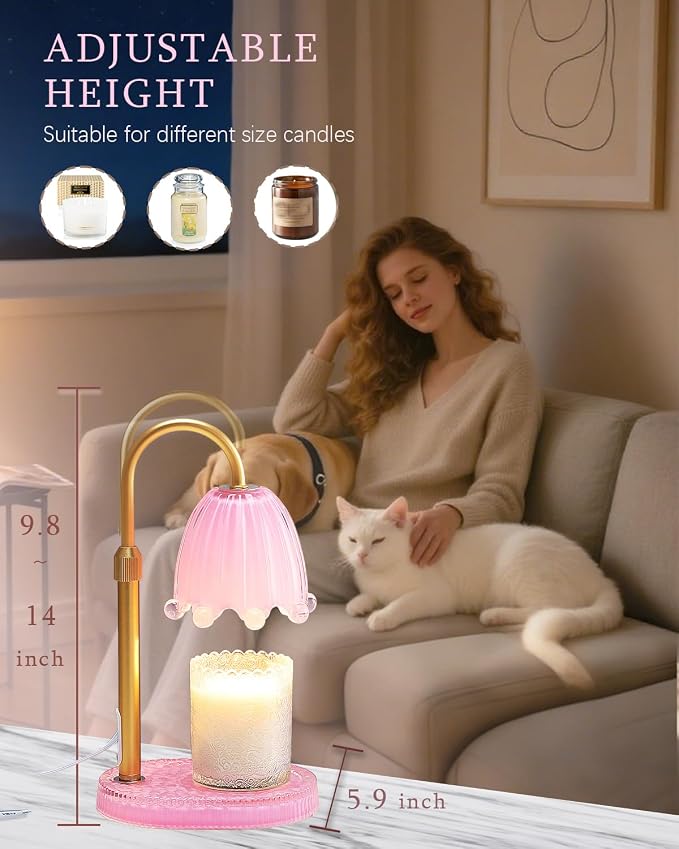 Flower Candle Warmer Lamp with Timer, Vintage Adjustable Glass Warmer Light for Jar Candles, Electric Wax Warming Melter, Gifts for Women Mom, Bedroom Decor (Pink-Flower)