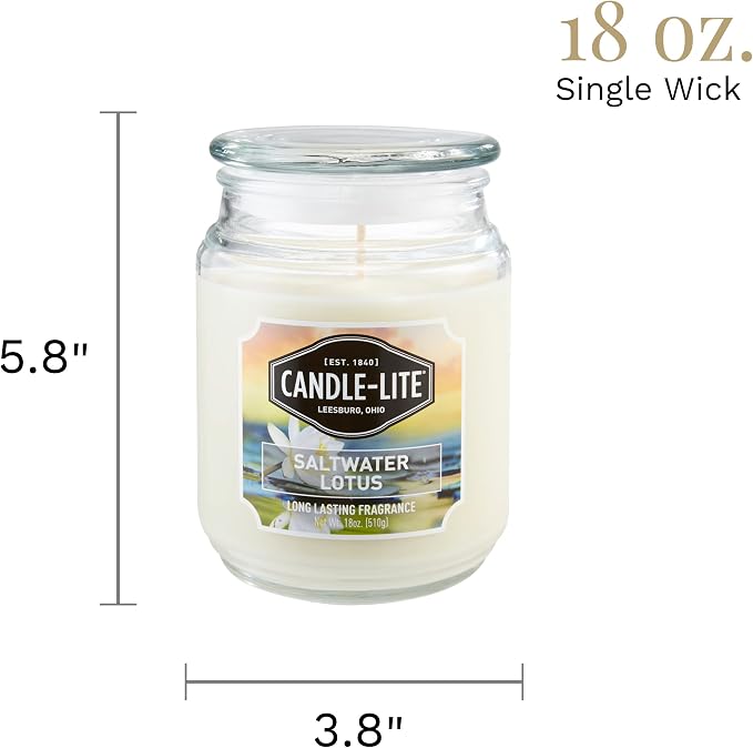 Candle-lite Scented Candles, Saltwater Lotus Fragrance, One 18 oz. Single-Wick Aromatherapy Candle with 110 Hours of Burn Time, White Color (Pack of 4)