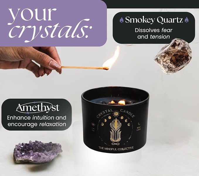 Black Crystal Candle for Women - 8oz Wood Wick Candle that Crackles with Natural Soy Wax. Luxurious Slow Burn, for Meditation. Includes Amethyst & Smokey Quartz Crystals