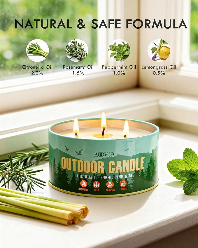 AOOVOO Citronella Candles Outdoor - 3 Wick 12oz Large Camping Candle, Natural Essential Oil Soy Wax Non Toxic, Strong Scented Candles for Outside Backyard Garden Picnic
