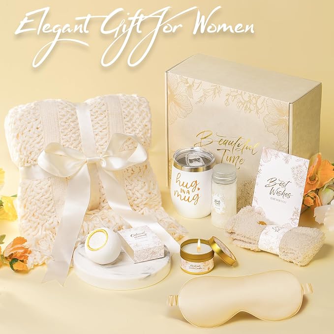 Gift Basket for Women, Self Care Set with Knitted Throw - Care Pkg - Beige | for Women Mom Her Friend Sister Wife Grandma Fringe Blanket, Spa Bath Bombs Candle Soap Sea Salt, Birthday Get Well