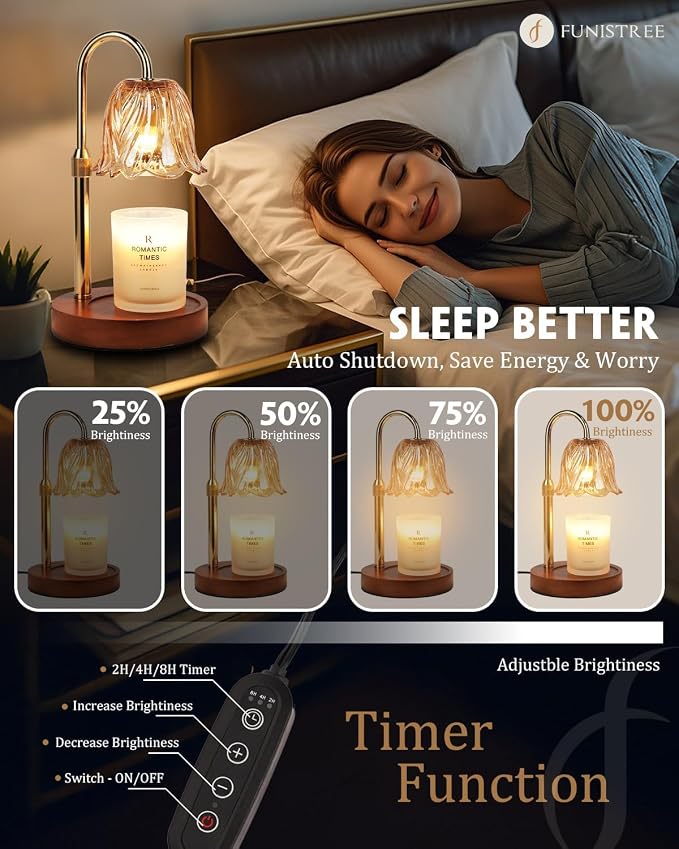 Funistree Candle Warmer Lamp, Gold Candle Lamp Warmer with Timer & Dimmer with 2 Bulbs, Mothers Day Birthday Gifts for Women Mom, House Warming Gift New Home Bedroom Decor, Height Adjustable