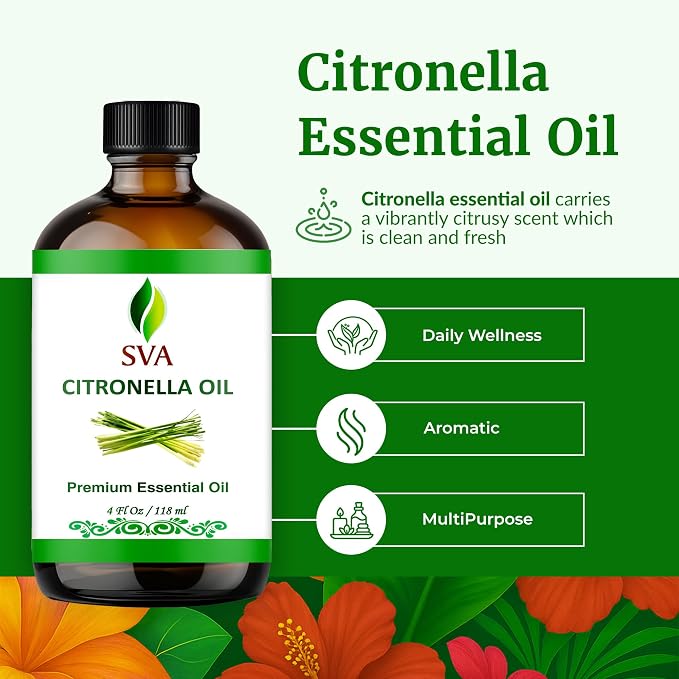 SVA Citronella Essential Oil 4 Fl Oz – for Aromatherapy, Diffuser, Skin & Hair Care – Ideal for Massage & DIY Blends - with Dropper
