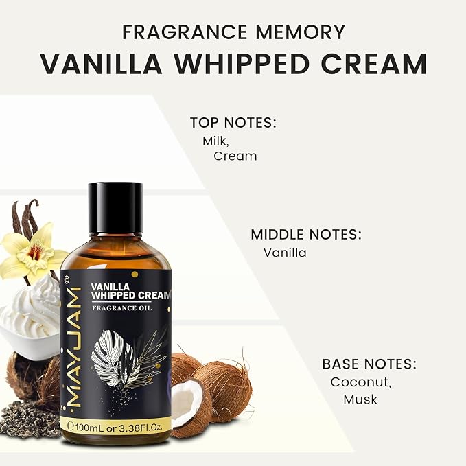 Vanilla Whipped Cream Fragrance Oil Essential Oil, MAYJAM 3.38FL.OZ Vanilla Whipped Cream Oil for Diffusers for Home, Long Lasting Scented Oils for Soap Candle Making - 100ML
