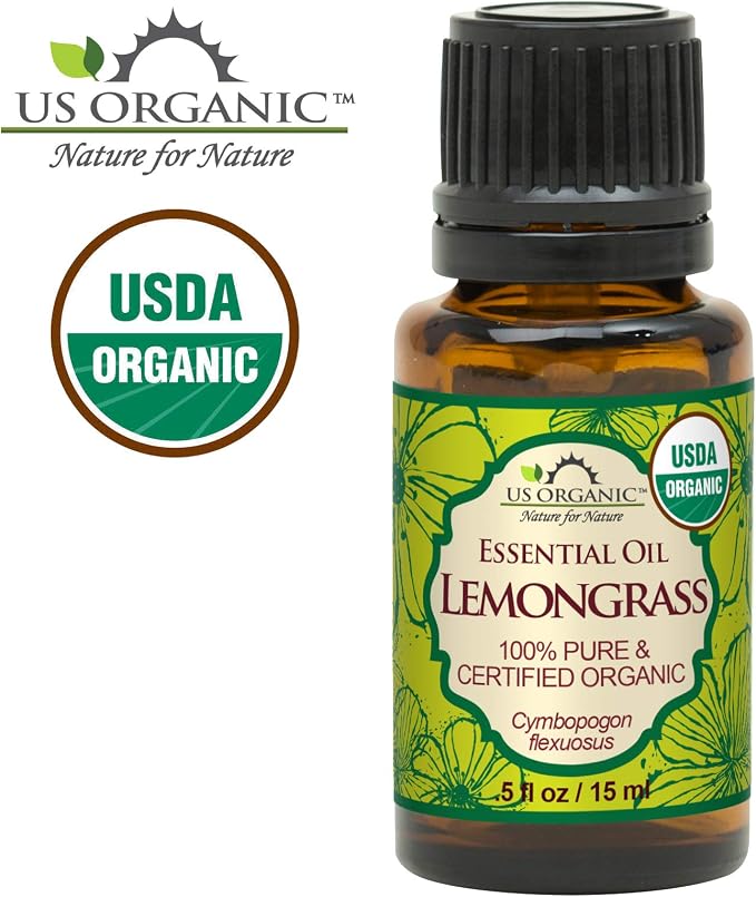 US Organic 100% Pure Lemongrass Essential Oil, USDA Certified Organic, Extracted by Steam Distillation Method, for Hair, Nail Polish Remover, Bees Attraction, and More. 15 ml