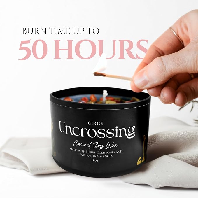 Circe Spell Candle “Uncrossing” Coconut Soy Wax Candle Jar – Premium Hand Poured & Long Burning – Herbs, Crystals & Natural Fragrance Oils- Protection, Balance & Renewal- Self Care, Gift- 8oz