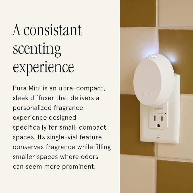 Pura Home Mini Fragrance Diffuser for Small Spaces Adjustable Smart Home Device with LED Light & Automatic Vial Detection - Includes 1 Scent Refill - Lemon