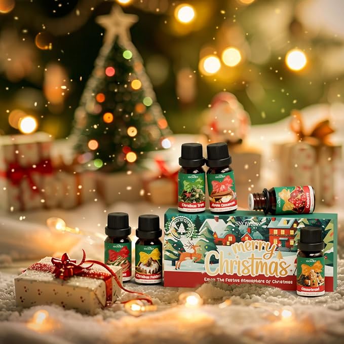 Christmas Essential Oils Gift Set, SNOWSEN Winter Fragrance Oils for Diffuser & Aromatherapy, Apple Cinnamon, Christmas Pudding, Candy Cane, Gingerbread, Cranberry Scented Oil for Candle Making