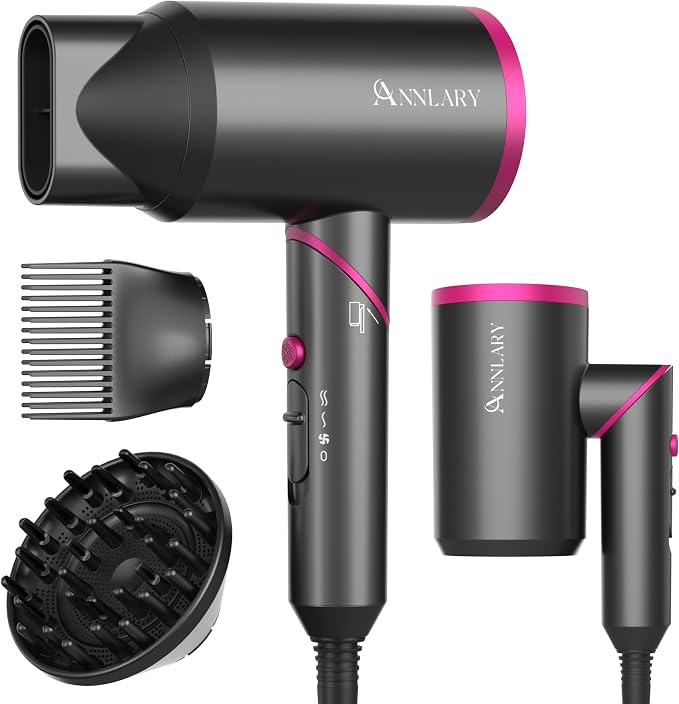 ANNLARY Hair Dryer with Comb | 1800W Blow Dryer with Diffuser for Curly Hair | Plasma Ionic Hairdryer for Frizz Control | Foldable & Protable Design for Travel | 6.5 ft ALCI Cord for Women and Men
