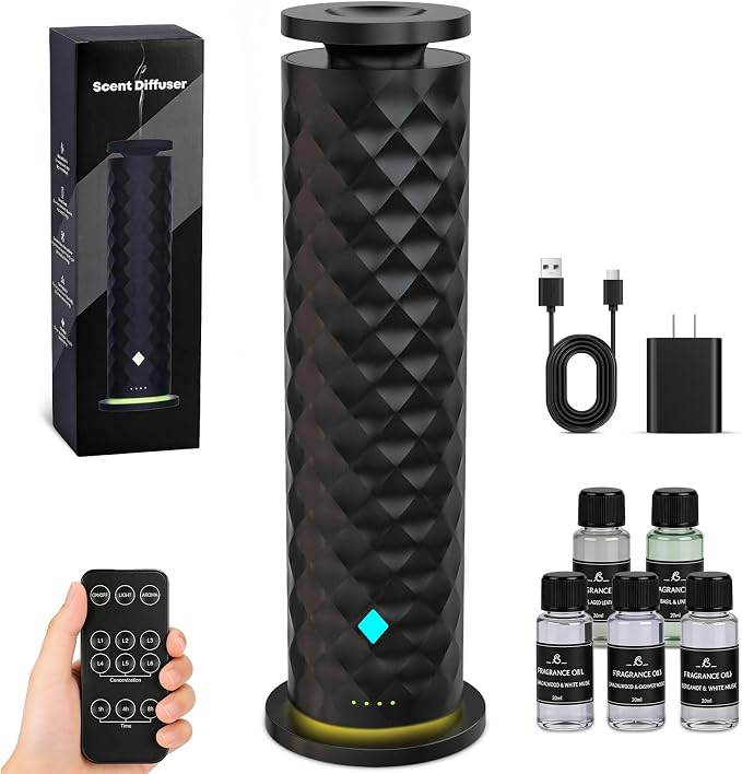 Waterless Scent Diffuser Starter Kit – Remote Control Cold Air Scent Diffuser Oil Machine with 5 Oils 1000 Sq Ft Coverage Quiet Nebulizing Aromatherapy for Home Office Bedroom & Spa