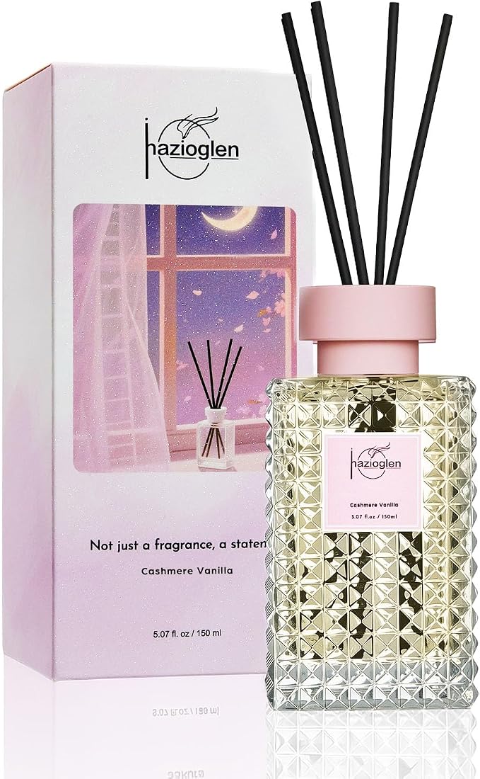 Reed Diffuser Set, Cashmere Vanilla Scented Home Fragrance Air Freshener for Bathroom Shelf Decor, 5.07 fl oz/150ml Essential Oil with Sticks
