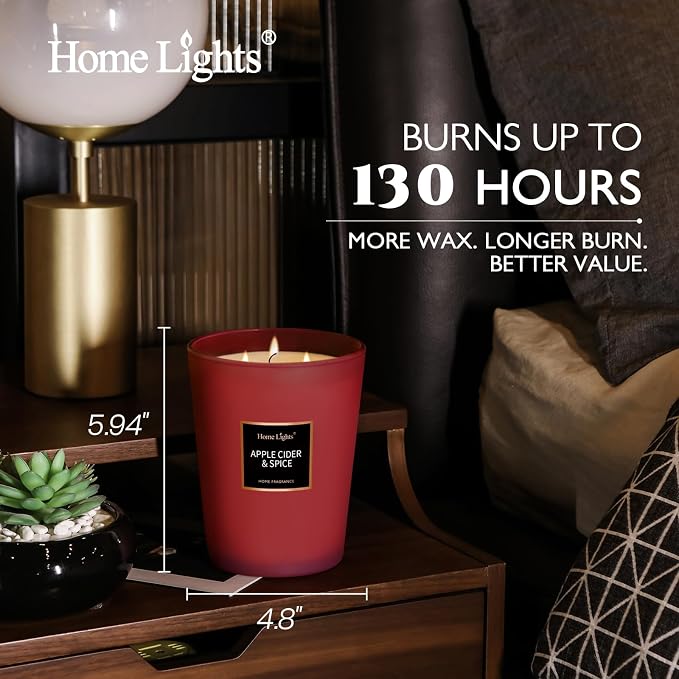 HomeLights Highly Scented Candles, Big 33.3 oz for Home, Natural Soy Aromatherapy Candles, Smokeless Long Lasting 130h with 3 Cotton Wicks, Candles Gifts for Women & Men - Apple Cider & Spice