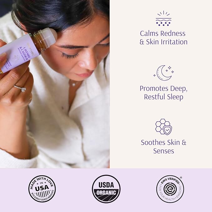 Holistic Goddess Organic Lavender & Castor Oil Roll-On with Rose Quartz Roller – Calming Night Ritual Oil for Stressed Skin & Visible Redness, 1.7 fl oz (50ml)