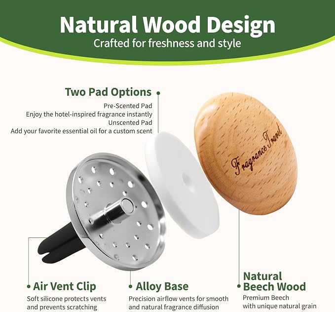 Wooden Car Air Freshener Vent Diffuser, Light Brown Beech Wood with Zinc Alloy Base, Refillable Essential Oil Compatible Car Vent Clip, Includes 4 Scented Pads, Long Lasting Natural Diffuser