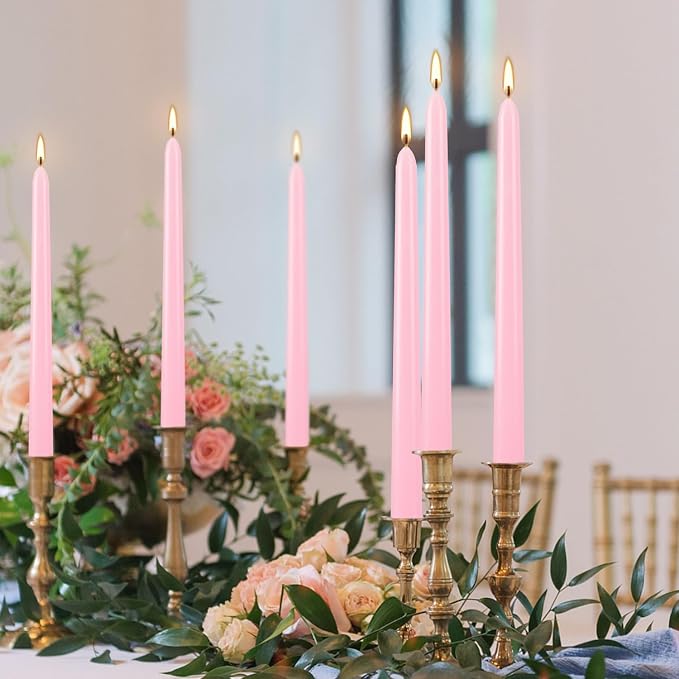 Valentine's Decorations 10 Inch Pink Taper Candles Set of 24, Dripless and Unscented Candle Sticks for Dinner, Shabbat, Halloween, Christmas, Wedding, 8 Hours