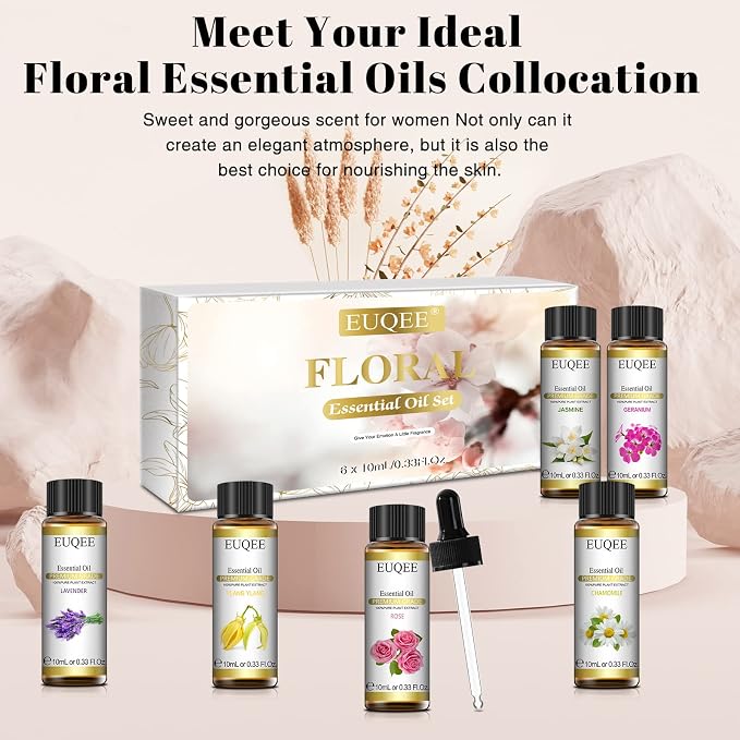EUQEE 6 Pcs Pure Essential Oils Set, Premium Floral Scent Kit for Aromatherapy Diffuser, DIY Body Care, Home Fragrance, Massage– Lavender, Rose, Ylang Ylang, Jasmine, Geranium, Chamomile