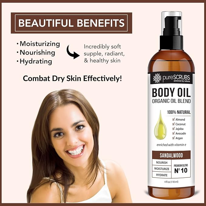 pureSCRUBS Ultra Moisturizing Sandalwood Body Oil for Dry Skin, Lightweight Full Body Moisturizer for Soft, Silky Skin, Massage & Cuticle Oil, Vitamin E Enriched, 4 oz