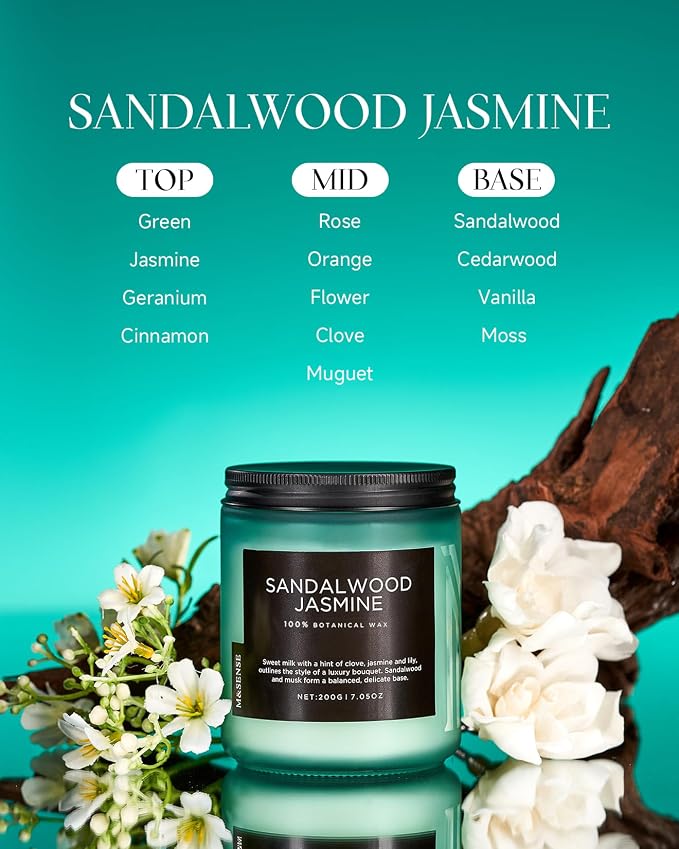 M&SENSE Sandalwood Jasmine Scented Candles for Home, 7.05oz Organic Soy Wax, 50 Hours Natural Candles Non Toxic, Spring Floral Smelling Home Fragrance for Women, Aromatherapy Gifts for Stress Relief