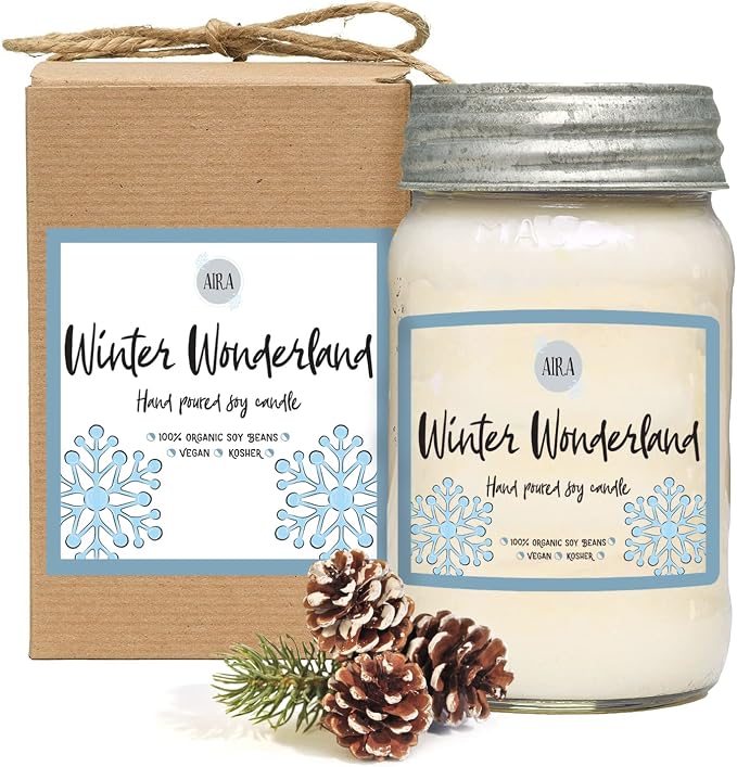 Aira Soy Candles - Organic, Kosher, Vegan, in Mason Jar w/Therapeutic Grade Essential Oil Blends - Hand-Poured 100% Soy Candle Wax - Paraffin Free, Burns 110+ Hours - Winter Wonderland - 16 Ounces