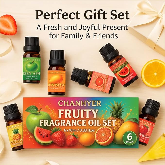 Fruity Essential Oils Set-6x10ml-Green Apple,Watermelon,Strawberry,Pineapple,Blood Orange,Mango,Sweet Aromatherapy Oils for Diffuser,Humidifier,Candle&Soap Making