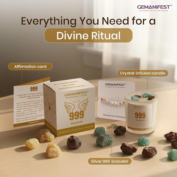 Angel Number 999 Manifestation Candle Crystal Infused Soy Wax with Smoky Quartz and Amazonite Frankincense Scented Spiritual Gift for Release and Energy Alignment